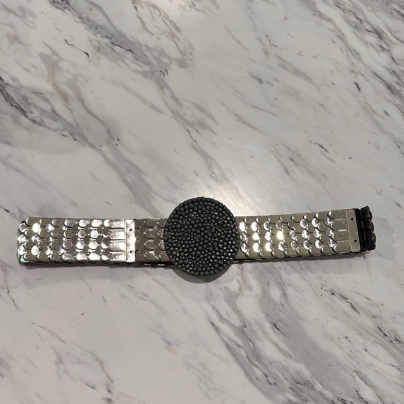 Vtg Belt Silver Metal Snake Fish Scale Disco Retro Elastic Stretch Slinky Shiny - Picture 1 of 4